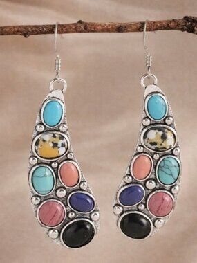 Vintage Natural Stones Earrings – Turquoise Coral Onyx Gem Dangles
